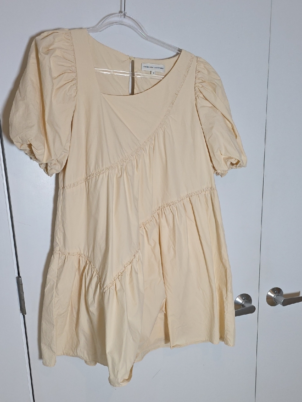English Factory Cream/Soft Yellow Puff Sleeve Tiered Mini Dress